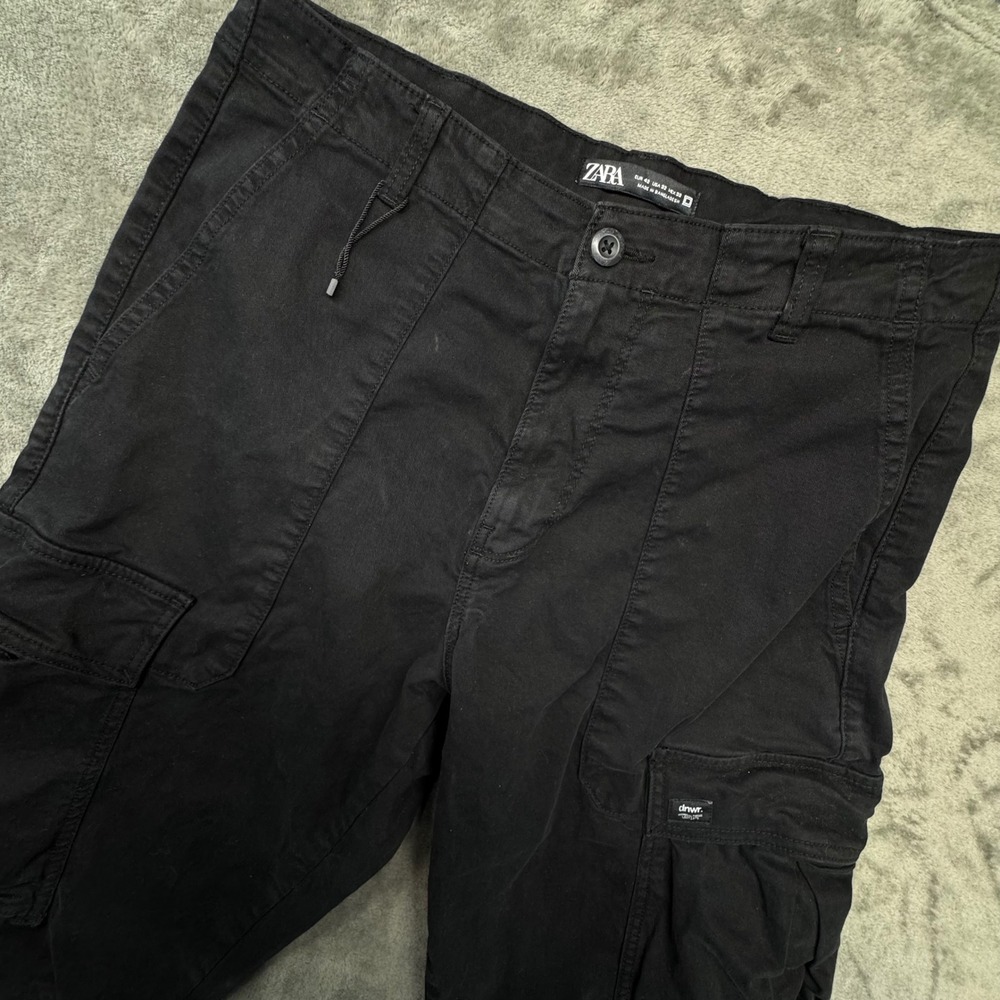 Zara Mens Cargo Pants Black Drawstring Pockets Relaxed‎ Fit Casual Trousers